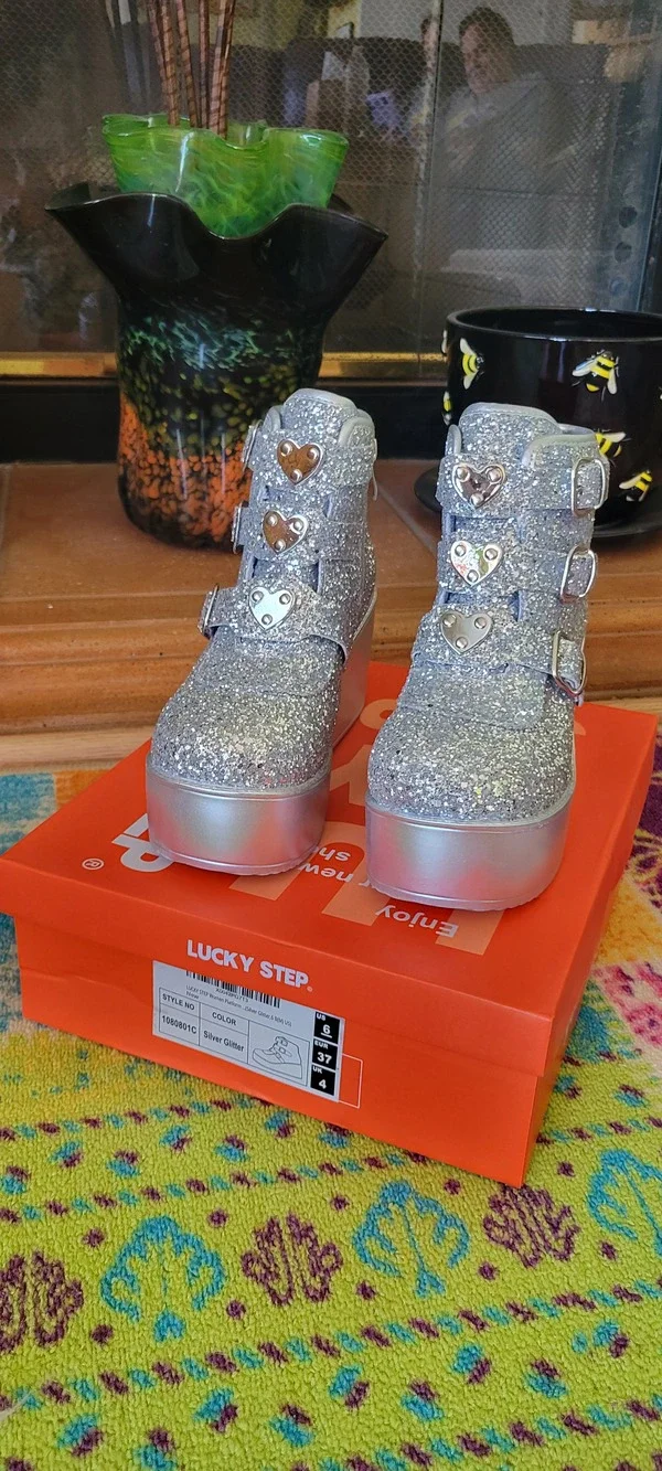 Lucky Step Hippie Platform Glitter Sneakers with Buckles,Hearts, Side Zip